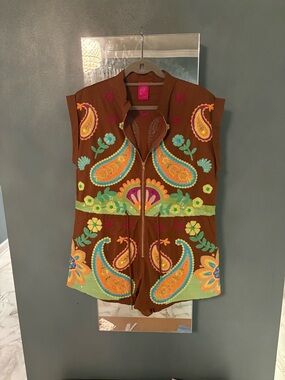 Womens Brown Embroidered Paisley Zip-Front Top